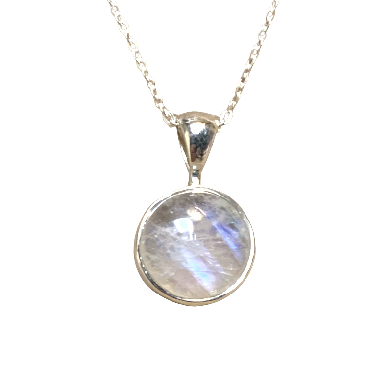 Moonstone (Rainbow) and Sterling Silver Round Pendant on Chain