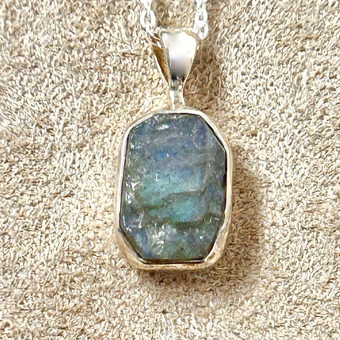 Labradorite (Rough) and Sterling Silver Pendant on Chain