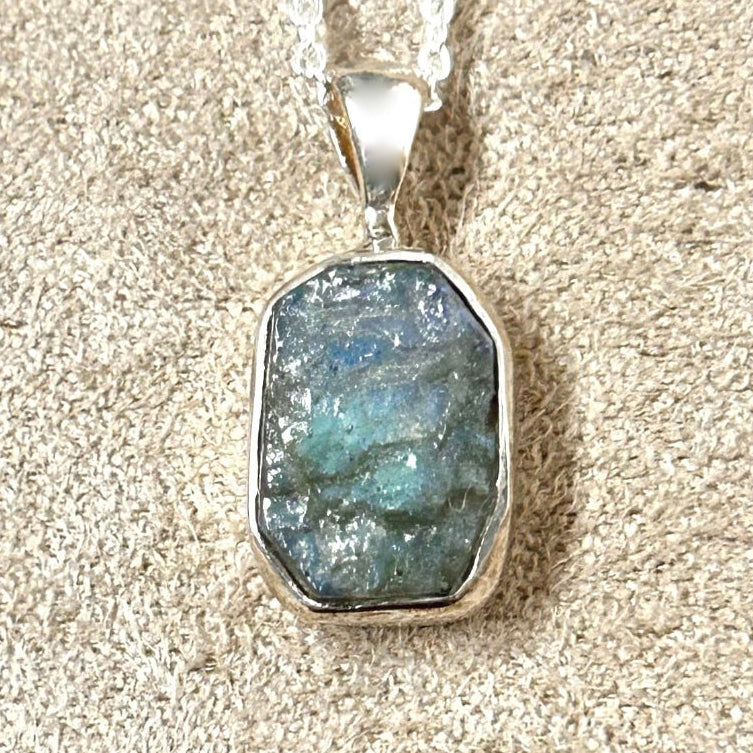 Labradorite (Rough) and Sterling Silver Pendant on Chain