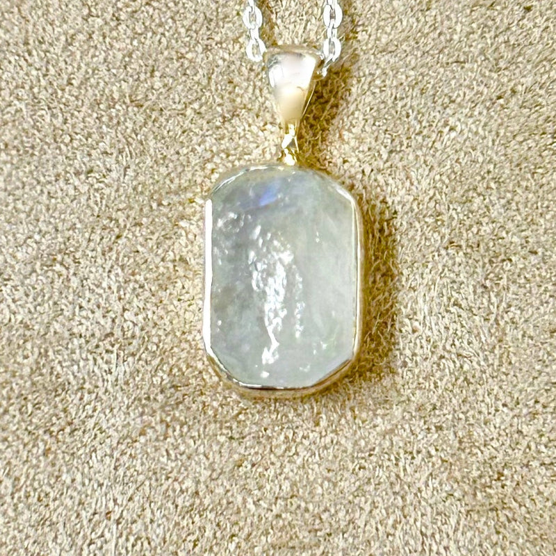 Moonstone (Rainbow) and Sterling Silver Pendant on Chain