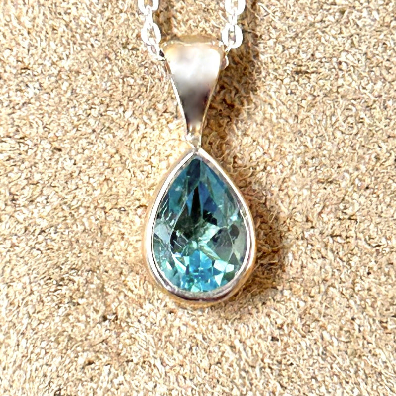 Topaz (Swiss Blue) Tear Drop Pendant and Chain