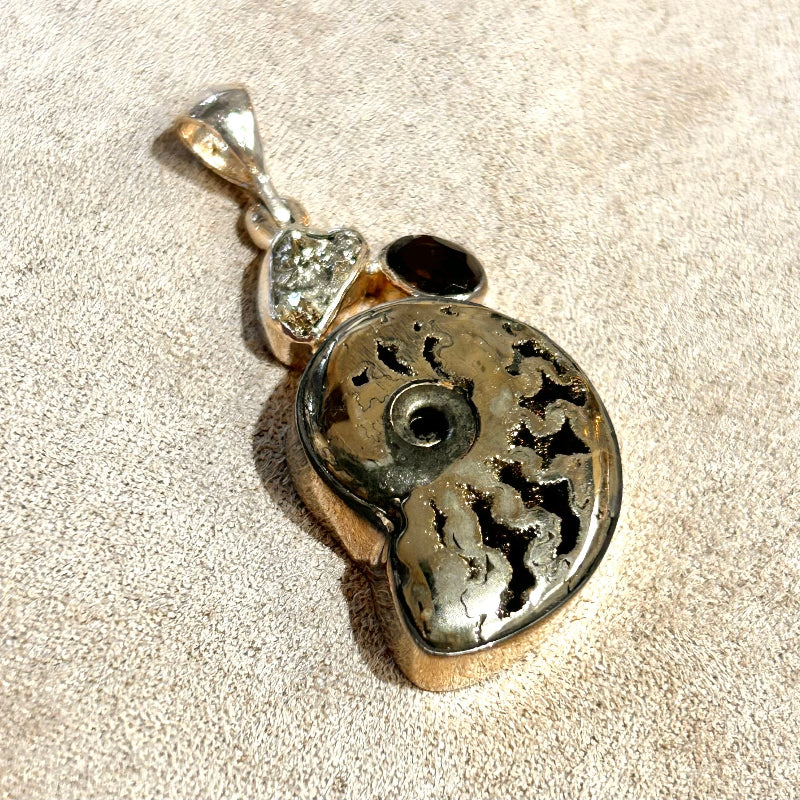 Ammonite (Pyritized) and Smoky Quartz Pendant