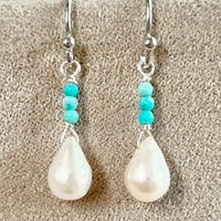 Pearl, Turquoise, and Sterling Silver Dangle Earrings