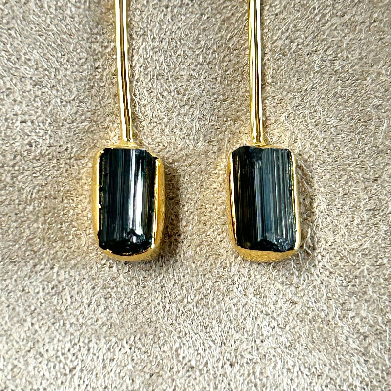 Tourmaline (Black, Schorl) & Gold Vermeil Drop Earrings