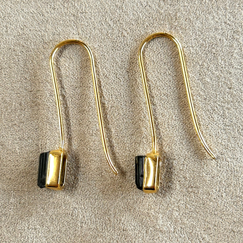 Tourmaline (Black, Schorl) & Gold Vermeil Drop Earrings