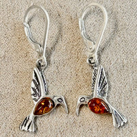 Amber and Sterling Silver Hummingbird Earrings