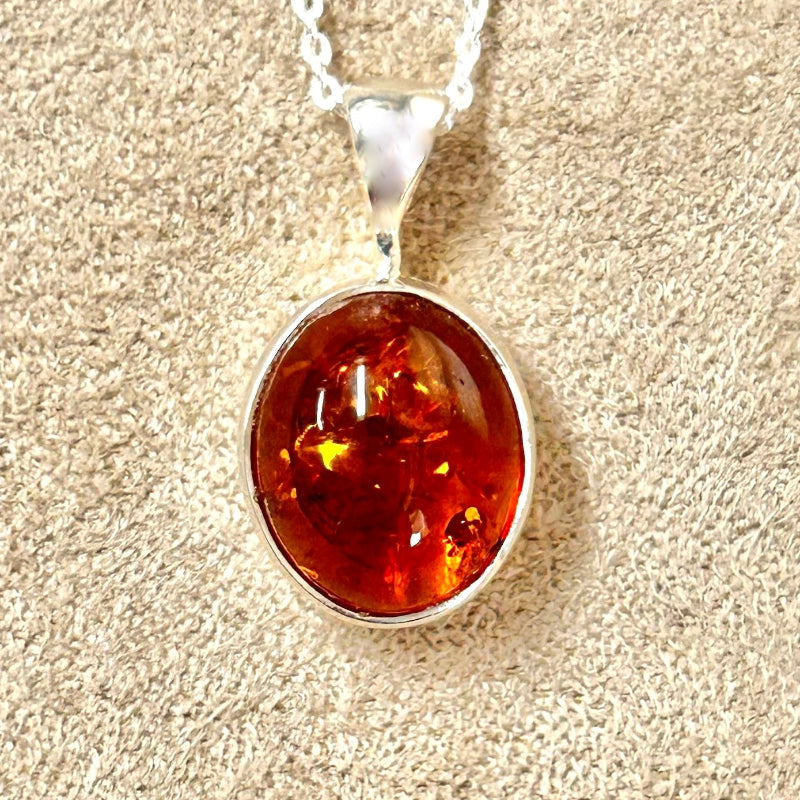 Amber Cabochon Pendant and Chain