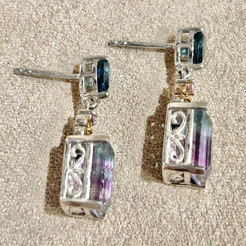 Fluorite and Blue Topaz Faceted Dangle Earrings