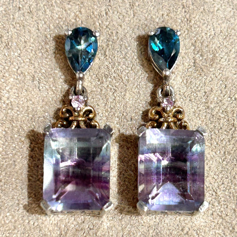 Fluorite and Blue Topaz Faceted Dangle Earrings