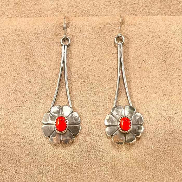 Coral And Sterling Silver Artisan Dangle Earring