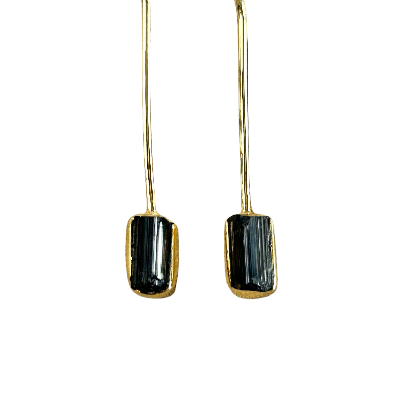 Tourmaline (Black, Schorl) & Gold Vermeil Drop Earrings
