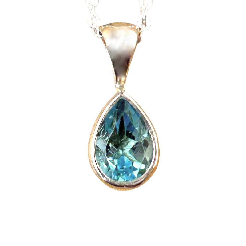 Topaz (Swiss Blue) Tear Drop Pendant and Chain