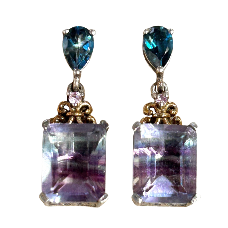 Fluorite and Blue Topaz Faceted Dangle Earrings