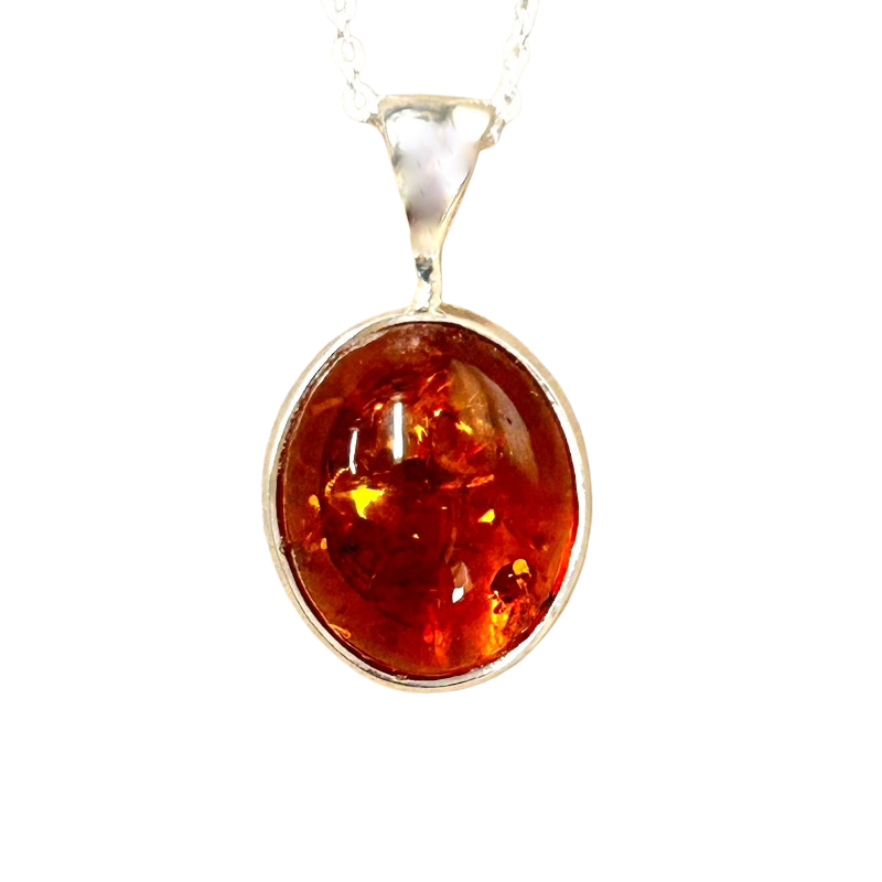 Amber Cabochon Pendant and Chain