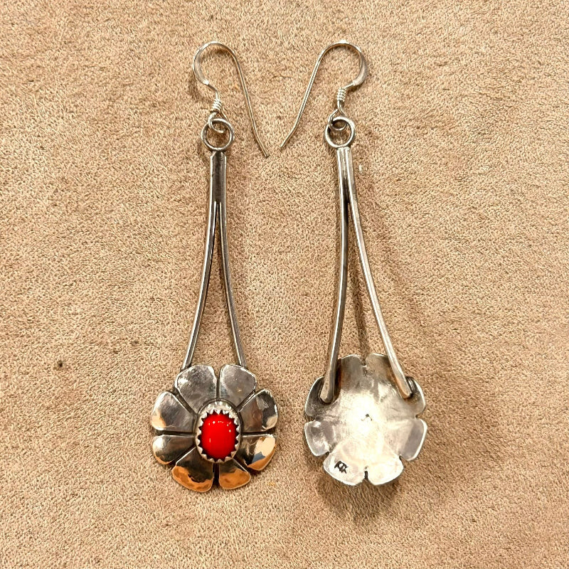 Coral And Sterling Silver Artisan Dangle Earring