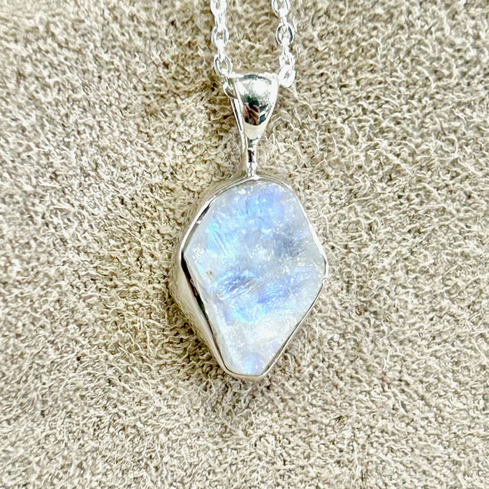 Rainbow Moonstone Rough and Sterling Silver Slide Pendant on Chain