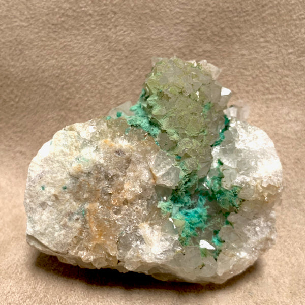 Brochantite with Cyanotrichite on Quartz (Socorro Co., New Mexico)
