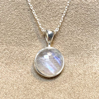 Moonstone (Rainbow) and Sterling Silver Round Pendant on Chain