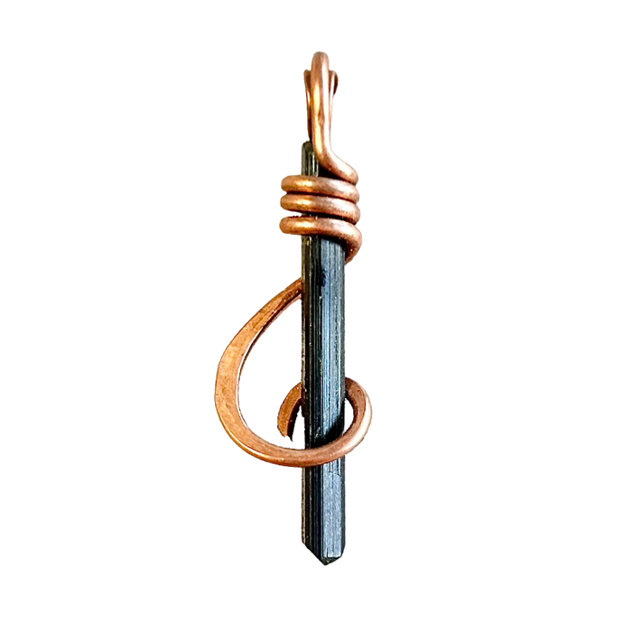 Tourmaline (Black, Schorl) and Copper Wire-Wrapped Pendant