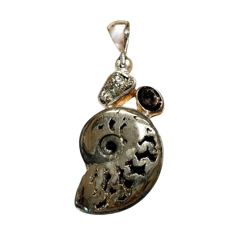 Ammonite (Pyritized) and Smoky Quartz Pendant