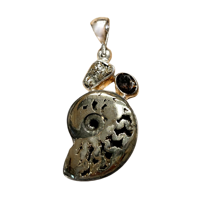 Ammonite (Pyritized) and Smoky Quartz Pendant