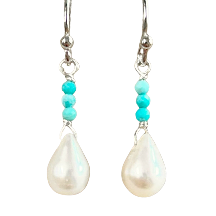 Pearl, Turquoise, and Sterling Silver Dangle Earrings