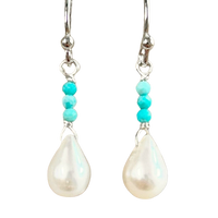 Pearl, Turquoise, and Sterling Silver Dangle Earrings