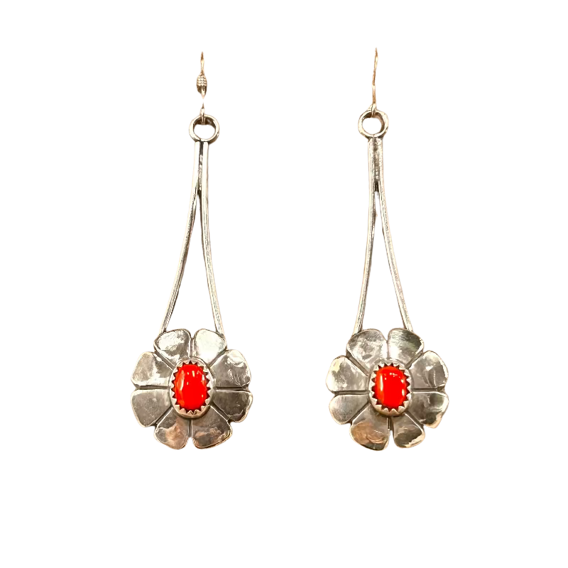 Coral And Sterling Silver Artisan Dangle Earring
