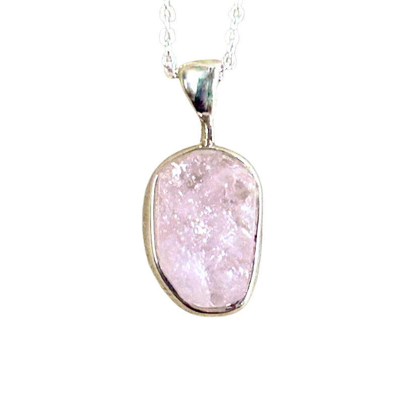 Rose Quartz (Rough) and Sterling Silver Pendant on Chain