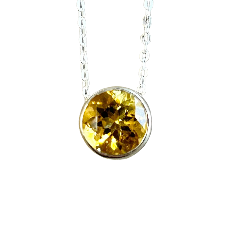 Citrine Round Faceted Pendant with Sterling Silver Chain