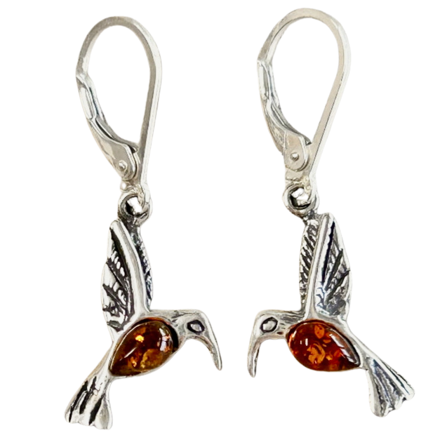 Amber and Sterling Silver Hummingbird Earrings