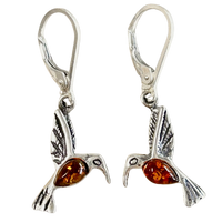 Amber and Sterling Silver Hummingbird Earrings