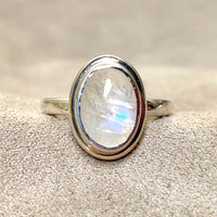 Rainbow Moonstone and Sterling Silver Ring (size 8)